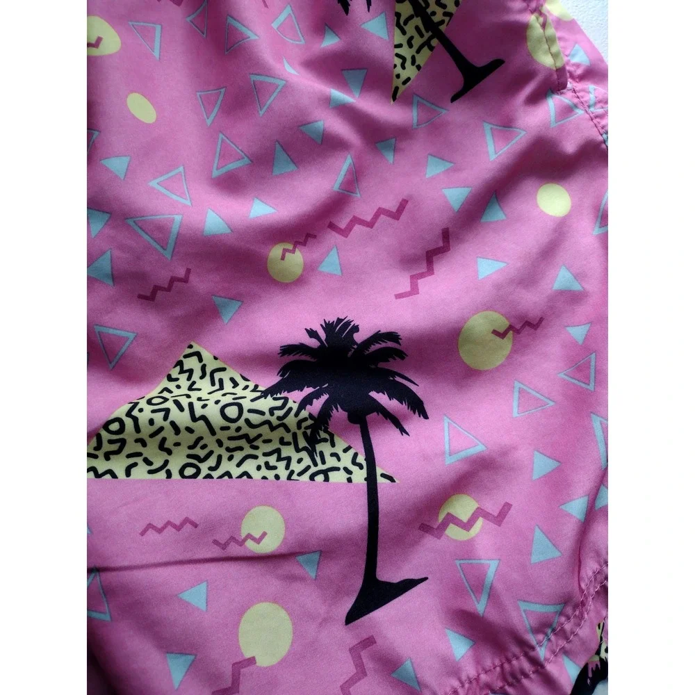 Maui and Sons Mens Pink 80s Retro Geometric Palm Tree Swim‎ Trunks XL